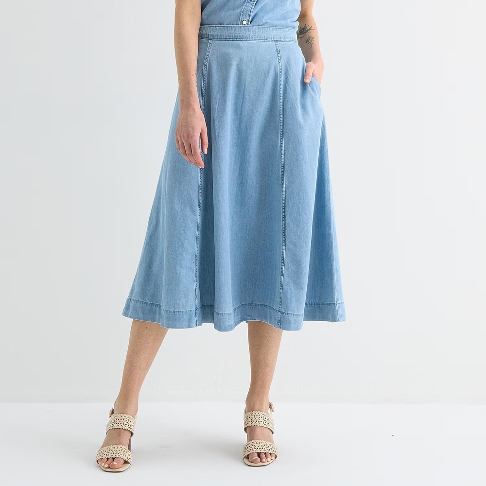 MSRP $54 Liz Claiborne Womens 12 Petite Sullivan Wash Midi Denim Skirt Mid Rise